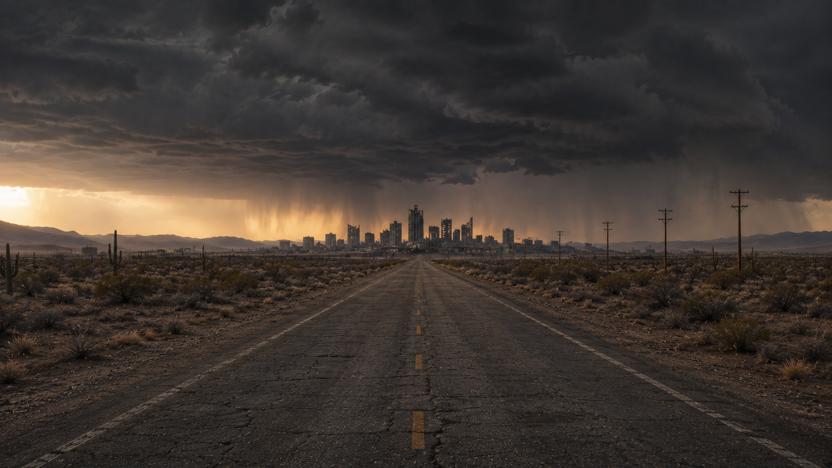 A cracked desert highway running toward a ruined city under a heavy storm, Sonoran Desert